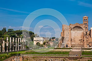 Ruins of the Temple of Venus and Roma located on the Velian Hill and Arch of Titus