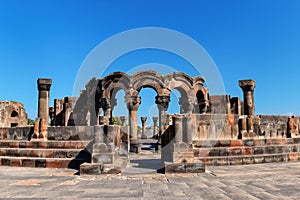 Ruins of the Temple of Zvartnots with blue sky in background, Armenia