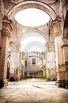 Ruins of Templo de San Jose cathedral with backlight, Antigua, Guatemala, Central America