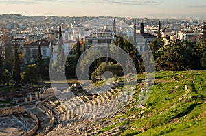 The ruins theater of Dionysus in sunrise. Southwest slope of the