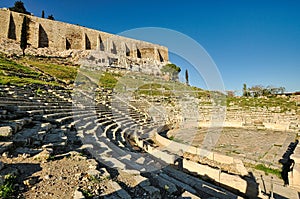 The ruins theater of Dionysus in sunrise. Southwest slope of the Acropolis in Athens, Greece