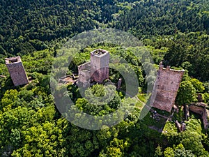 Ruins of Three castles near Colmar, Alsace. Aerial drone view