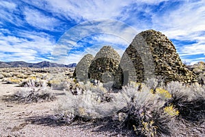 Ruins of three charcoal kilns at the Bristol Wells town site, Lincoln County, Nevada