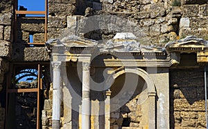 Ruins of the tourism city remains history ancient sacred of Side in Turkey marble monument