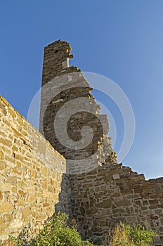 The ruins of the tower in the medieval fortress.