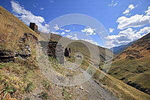 Ruins of towers in Chontio village in Tusheti region, Georgia