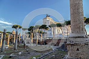 Ruins of Trajan forum with Trajan column and Vittorio Emmanuele photo