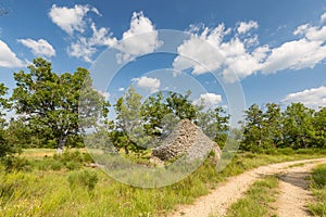 Ruins of trulli in the countryside of summer nature landscape