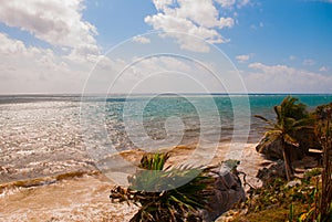 Ruins of Tulum, Mexico overlooking the Caribbean Sea in the Riviera Maya Aerial View. Tulum beach Quintana Roo Mexico - drone shot