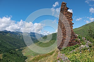 Ruins of upper Chazhash Castle on a mountain above the Svan community of Ushguli, Svaneti, Georgia