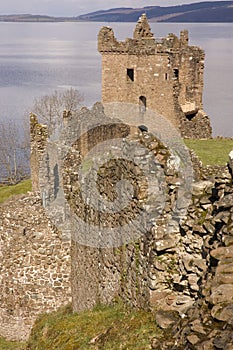 Ruins of Urquhart Castle at Loch Ness in Scotland