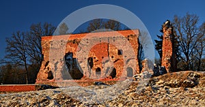 Ruins of the Viljandi Order Castle in sunny winter day, some snow in foreground