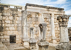 The ruins of White Synagogue in Jesus Town of Capernaum, Israel photo