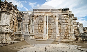 The ruins of White Synagogue in Jesus Town of Capernaum, Israel photo