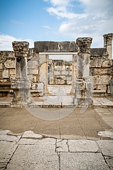 The ruins of White Synagogue in Jesus Town of Capernaum, Israel photo