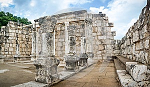 The ruins of White Synagogue in Jesus Town of Capernaum, Israel photo