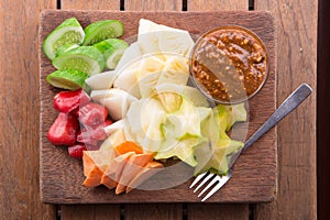 Rujak: Indonesian Fruit Salad (starfruit, water apple, cucumber, mango, pineapple, raw sweet potato, bengkoang / jicama) with swee