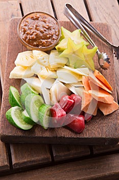 Rujak: Indonesian Fruit Salad (starfruit, water apple, cucumber, mango, pineapple, raw sweet potato, bengkoang / jicama) with swee