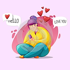 Girl corresponds in the phone. Love correspondence. Cartoon contour illustration in a vector photo