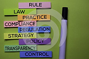 Rule, Law, Practice, Compliance, Regulation, Strategy, Policy, Transparency, Control text on sticky notes isolated on green desk.