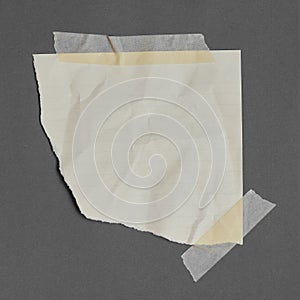 Rule torn paper with adhesive tape, scraps of paper on sticky tape, gray background