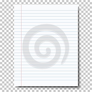 Ruled sheet of notebook paper placed on transparent background. Vector paper template