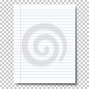 Ruled sheet of notebook paper placed on transparent background. Vector paper template photo