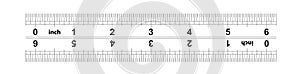 Ruler bidirectional 6 inches. The division price is thirty second part inch. Precise measuring tool. Calibration grid