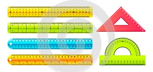 Ruler. Cartoon measuring tools with metric and inch marks, plastic geometry centimeter tape. Vector isolated set of