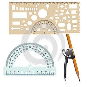 Ruler compasses and protractor drawing tools on a white background