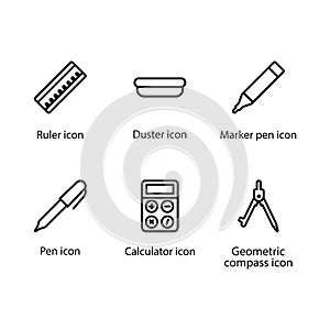 Ruler, Duster, Marker pen, Pen, Calculator, compass, icon