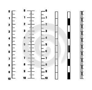 Ruler Inch Vector. Set vertical scale for an analog meter, vector template scales in units of millimeter, centimeter mm