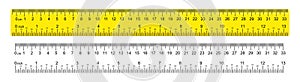 Ruler marked with centimeters, inches and combined rectangular shapes. Output inch line. Vector graphics on a white background