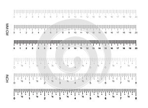 Ruler. Measuring scale, Markup for Rulers. Vector illustration. Centimeters and Millimeters Scale. Inches Scale