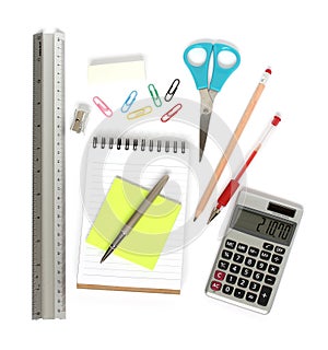 Ruler notepad scissors pen calculator