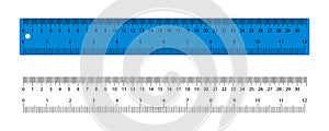 Ruler. Scale with inch and centimeter. Plastic blue ruler for measure of inch and cm. Tape with graphic meter for school, geometry