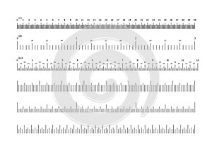 Ruler scale. Inch and cm measuring scales. Horizontal calibration precision size units for rulers and indicators. Vector