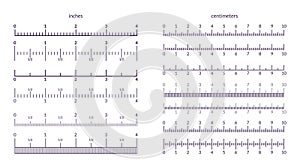 Ruler scale. Measuring metrics and inch indicators, precision line graphic with centimeter marks. Vector isolated set of