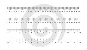 Ruler scales. Centimeter, millimeter, inch of measure. Geometric accuracy in metrics, gradation, distance. 30 cm, 12 inches in