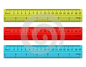 Ruler school flat centimeter. Scale inch rule millimeter plastic isolated illustration