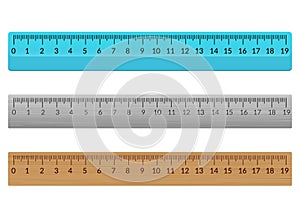 Ruler school flat centimeter. Scale inch rule millimeter plastic wooden isolated illustration