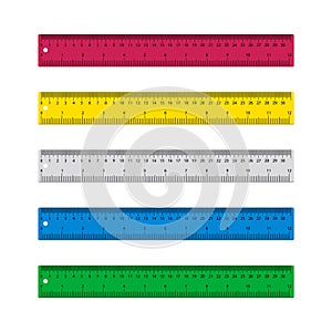 Ruler for school. Plastic ruler isolated on white background. Scale with of centimeter, millimeter metric. Measure rule with inch