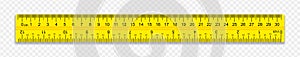 Ruler on transparent background with shadow. The ruler is yellow. Creative vector illustration of realistic colorful rulers