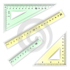 Ruler And Triangles Vector. Centimeter And Inch. Simple School Measurement Tool Equipment Illustration On White