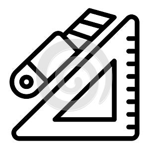 Ruler with utility knife line icon, sewing theme concept. Vector graphics. Triangle ruler and cutting tool, stationery