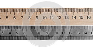 Rulers with measuring length markings in centimeters isolated on white, top view