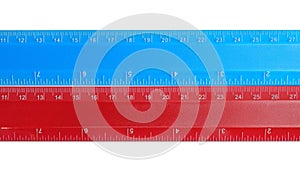 Rulers with measuring length markings in centimeters isolated on white, top view