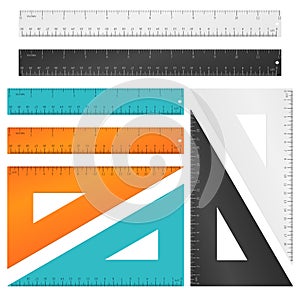 Rulers and triangle with inches, centimeters millimeters scale. Vector set