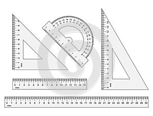 Rulers, triangles, protractor. Vector instruments on wh