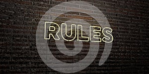 RULES -Realistic Neon Sign on Brick Wall background - 3D rendered royalty free stock image